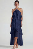 Vestido Midi azul de gasa con volantes con capas en A Line