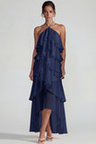 Vestido Midi azul de gasa con volantes con capas en A Line