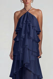 Vestido Midi azul de gasa con volantes con capas en A Line