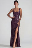 Lentejuelas cuadradas de cuello de color púrpura oscuro brillante Vestido formal largo con abertura