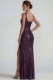 Lentejuelas cuadradas de cuello de color púrpura oscuro brillante Vestido formal largo con abertura