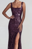 Lentejuelas cuadradas de cuello de color púrpura oscuro brillante Vestido formal largo con abertura
