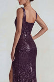 Lentejuelas cuadradas de cuello de color púrpura oscuro brillante Vestido formal largo con abertura