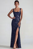 Lentejuelas cuadradas de cuello de color púrpura oscuro brillante Vestido formal largo con abertura