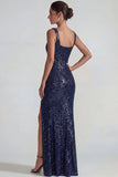 Lentejuelas cuadradas de cuello de color púrpura oscuro brillante Vestido formal largo con abertura
