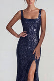 Lentejuelas cuadradas de cuello de color púrpura oscuro brillante Vestido formal largo con abertura