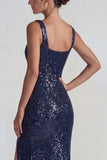Lentejuelas cuadradas de cuello de color púrpura oscuro brillante Vestido formal largo con abertura
