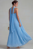 Vestido formal de chiffon azul sin tirantes plisado con una línea larga y cinta