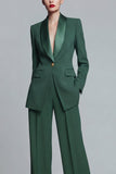 Trajes de trabajo femeninos de dos piezas con solapa chal verde oscuro y bolsillos