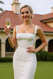 Vestido de novia Midi blanco de cuello cuadrado con funda de satén y botones