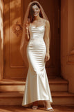 Vestido largo de novia de sirena de satén de tirantes blancos