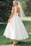 Vestido de novia blanco de cuello barco Midi Satin A Line
