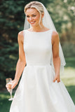 Vestido de novia blanco de cuello barco Midi Satin A Line