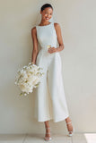 Trajes de boda de cuello de barco blancos con cuello de barco de línea larga