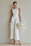 Trajes de boda de cuello de barco blancos con cuello de barco de línea larga