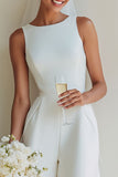 Trajes de boda de cuello de barco blancos con cuello de barco de línea larga