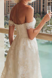 Vestido de novia A Línea Blanco de encaje sobre el hombro