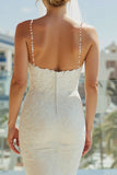 Vestido largo de novia de tirantes finos de encaje Marfil