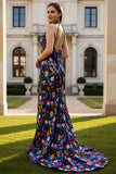 Vestido largo de baile de sirena flor negra con lazo con hombro