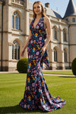 Vestido largo de baile de sirena flor negra con lazo con hombro