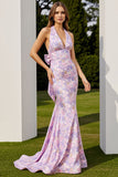 Vestido largo largo floral de sirena lila con lazo de fin de curso Halter