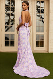 Vestido largo largo floral de sirena lila con lazo de fin de curso Halter