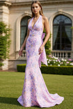Vestido largo largo floral de sirena lila con lazo de fin de curso Halter