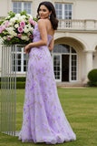 Vestido largo de graduación con corte de flor en forma de A lila con corte en forma de A, con abertura