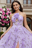 Vestido largo de graduación con corte de flor en forma de A lila con corte en forma de A, con abertura