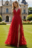 Vestido largo de graduación rojo de escote en V con lentejuelas y abertura