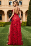 Vestido largo de graduación rojo de escote en V con lentejuelas y abertura