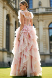 Vestido largo de graduación con corte largo de flores con folletes, corte en forma de línea en A, con lazos