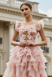 Vestido largo de graduación con corte largo de flores con folletes, corte en forma de línea en A, con lazos