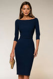 Vestido de trabajo midi Bodycon Bodycon Cuello Bateau azul marino con mangas 3/4