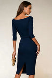 Vestido de trabajo midi Bodycon Bodycon Cuello Bateau azul marino con mangas 3/4