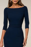 Vestido de trabajo midi Bodycon Bodycon Cuello Bateau azul marino con mangas 3/4