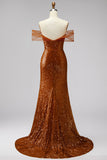 Vestido de graduación de sirena de hombros descubiertos, lentejuelas, escote en V con cola de fin de curso