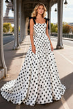 Vestido de baile de satén blanco y negro de lunares A Line Long