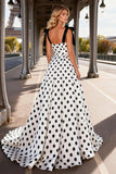 Vestido de baile de satén blanco y negro de lunares A Line Long