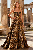 Vestido largo de graduación de tirantes finos de leopardo caqui A Line