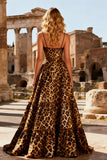 Vestido largo de graduación de tirantes finos de leopardo caqui A Line