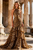 Vestido largo largo de graduación sin espaldas sin espaldas sirena caqui caqui de leopardo con volantes