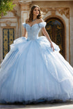 Vestido de Quinceañera Azul con Hojas Caídas y Vestido de Corte