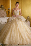Vestido de gala dorado sin tirantes brillante de quinceañera