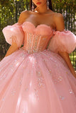 Vestido de gala de corsé rosa descubierto con brillo y vestido de quinceañera