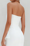 Vestido de soltera blanco sin tirantes bodycon volantes y abertura