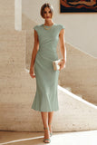 Vestido Midi de Baile de Sirena Blanca con cuello redondo y mangas gordas