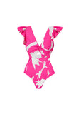 Traje de baño fucsia con dos piezas y escote en V con cubierta