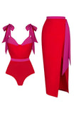 Traje de baño rojo de dos piezas con tirantes finos y vestido de playa