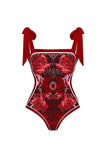 Traje de baño floral negro rojo de dos piezas con tirantes finos